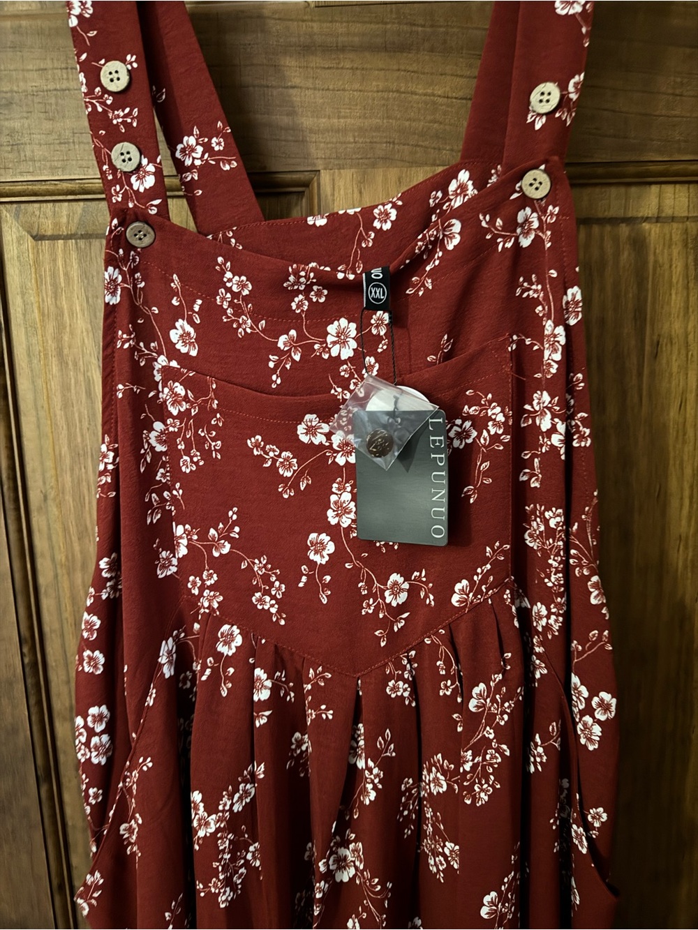 Rust Red Floral Midi Pinafore Dress with Button Straps